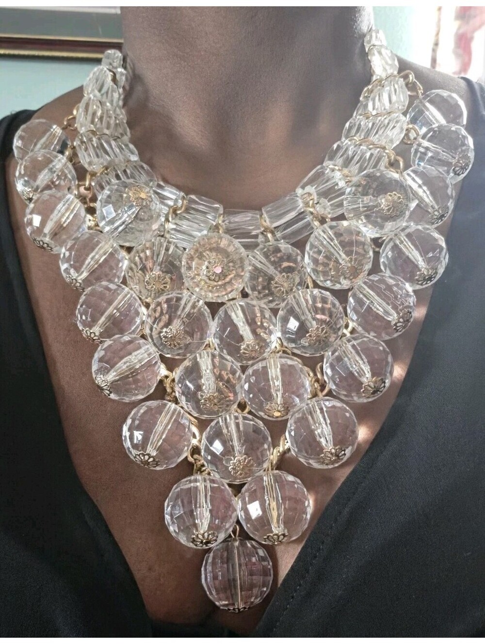 Vintage Chunky Cleare Lucite Goldtone Statement  Necklace N Clip-on Earrings Set